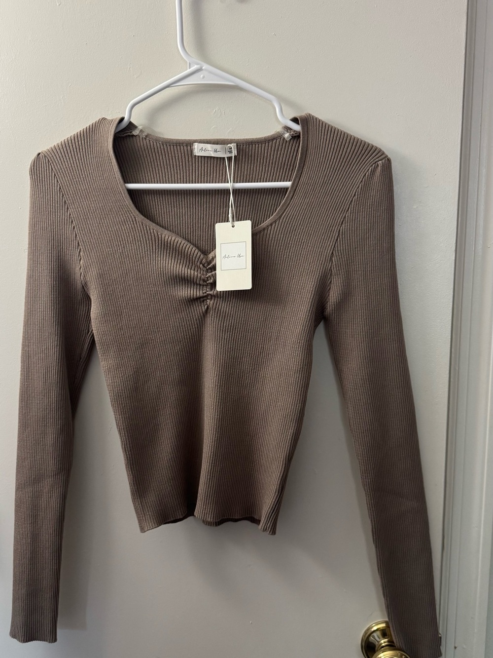 Ribbed Long Sleeve Scoop Neck Top in Taupe